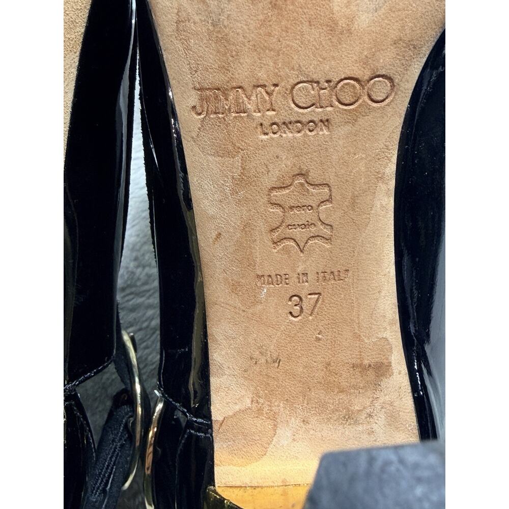 Jimmy Choo Ankle Boots 37 Black Patent Leather Cutout Gold Buckle Stiletto Italy - Picture 10 of 13
